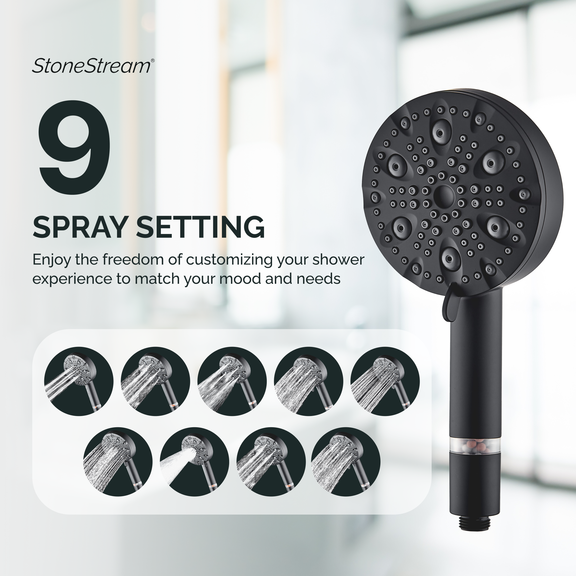 9-Mode Luxury Handheld & Wall Combo Shower Head with Filtration Kit - Black