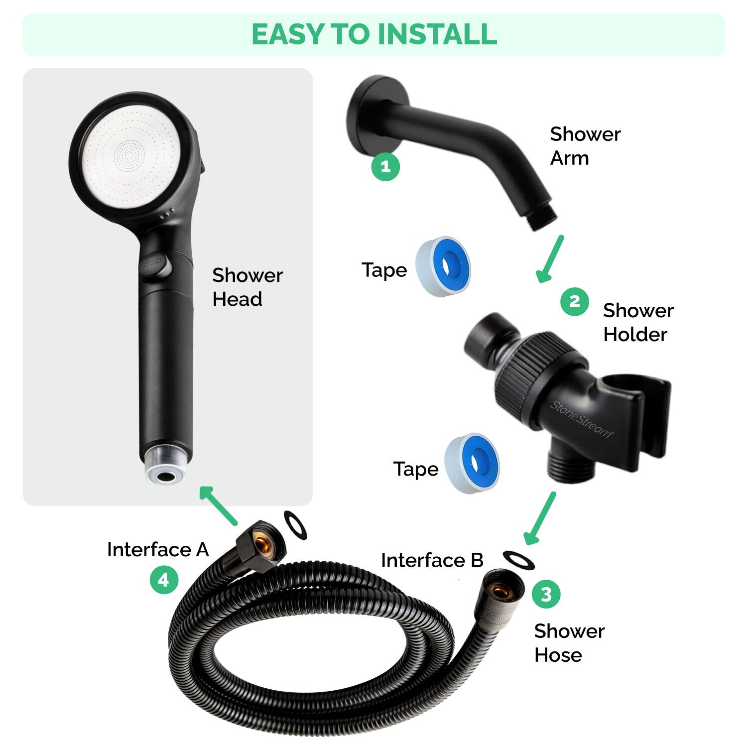 Ecopower 4-i-1 C-vitamin Black Shower Head Kit