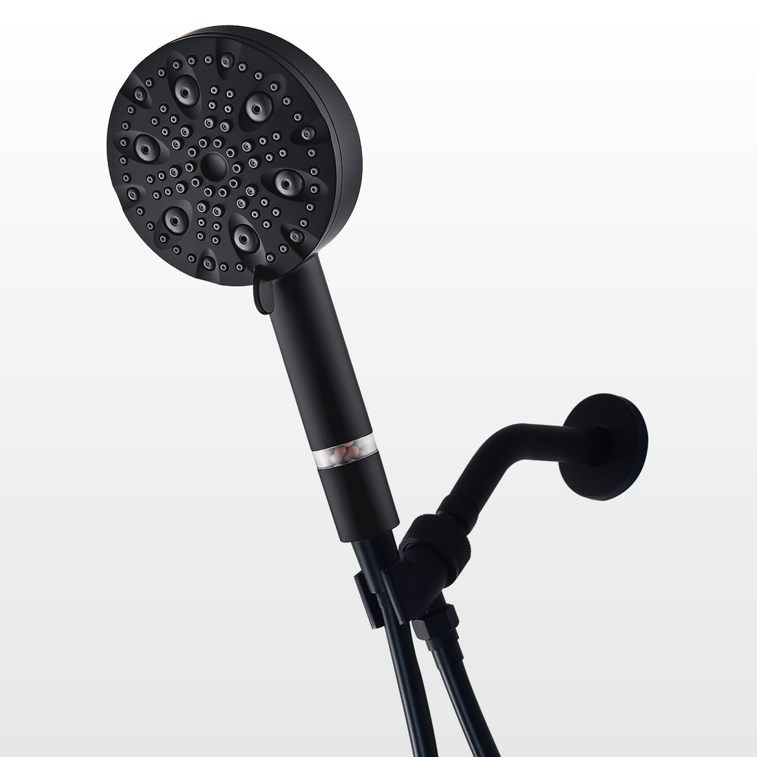 Ecolux 9-läge svart rostfritt stål duschhuvud + väggadapterpaket
