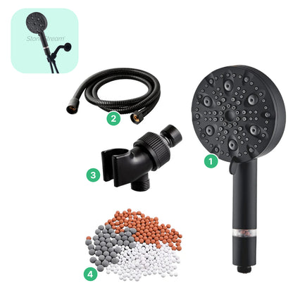 Ecolux 9-läge svart rostfritt stål duschhuvud + väggadapterpaket